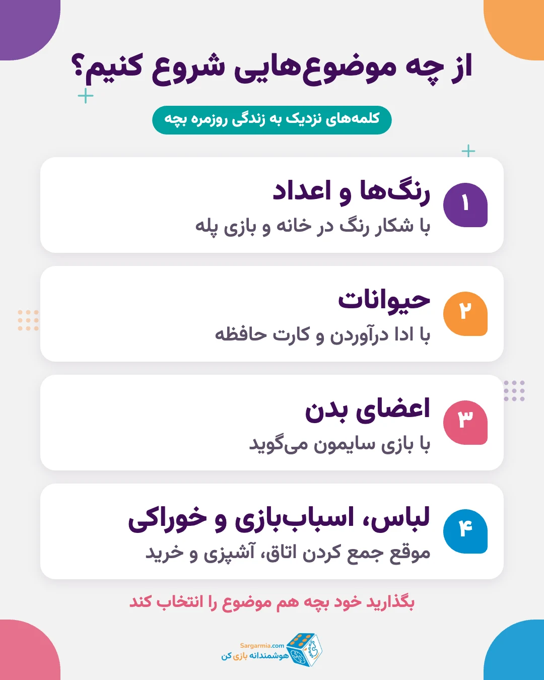 موضوعهای شروع برای بازی یادگیری زبان انگلیسی کودکان