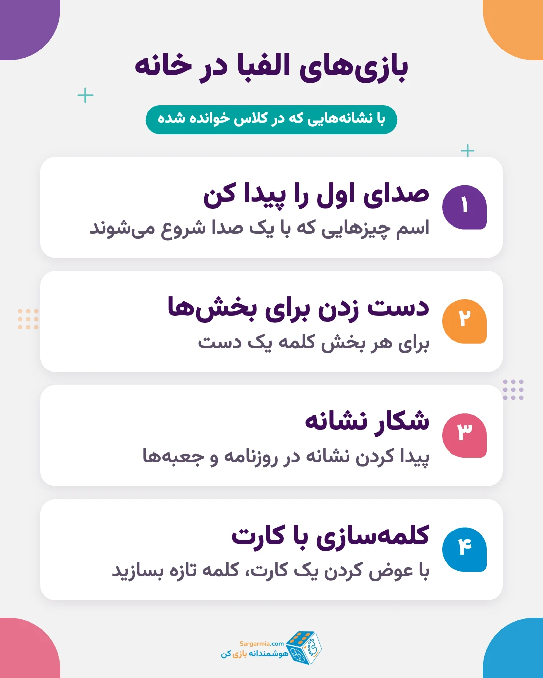 بازی&zwnj;های الفبا برای کلاس اولی&zwnj;ها؛ صدای اول، دست زدن برای بخش&zwnj;ها، شکار نشانه