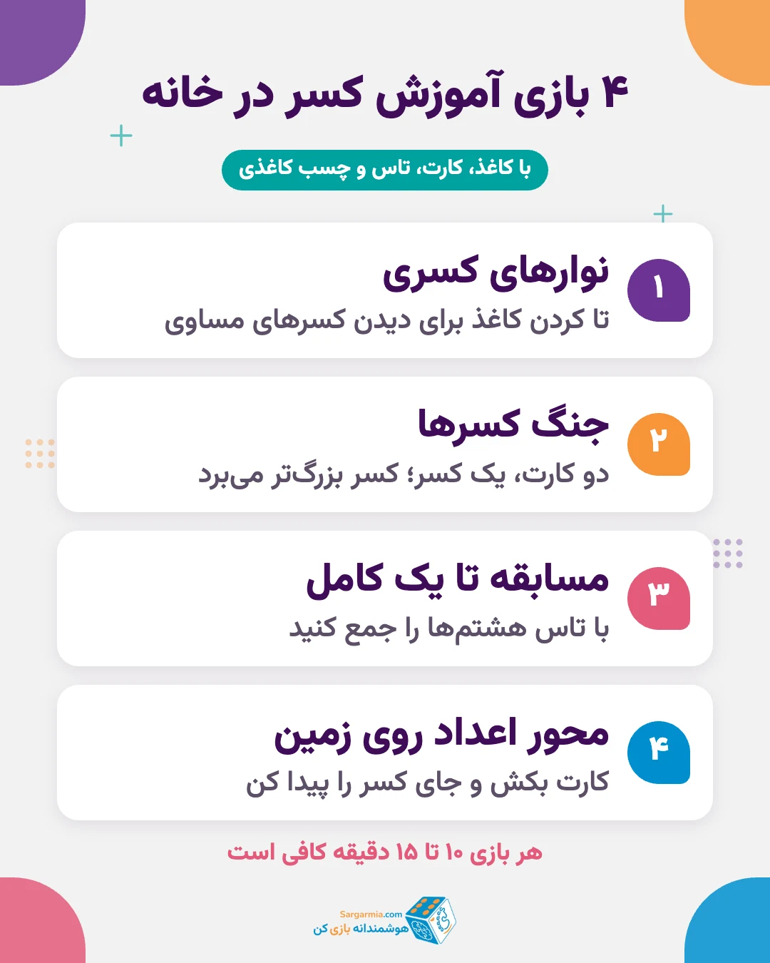 بازی آموزش کسر در خانه؛ نوارهای کسری، جنگ کسرها، مسابقه تا یک و دومینوی کسر