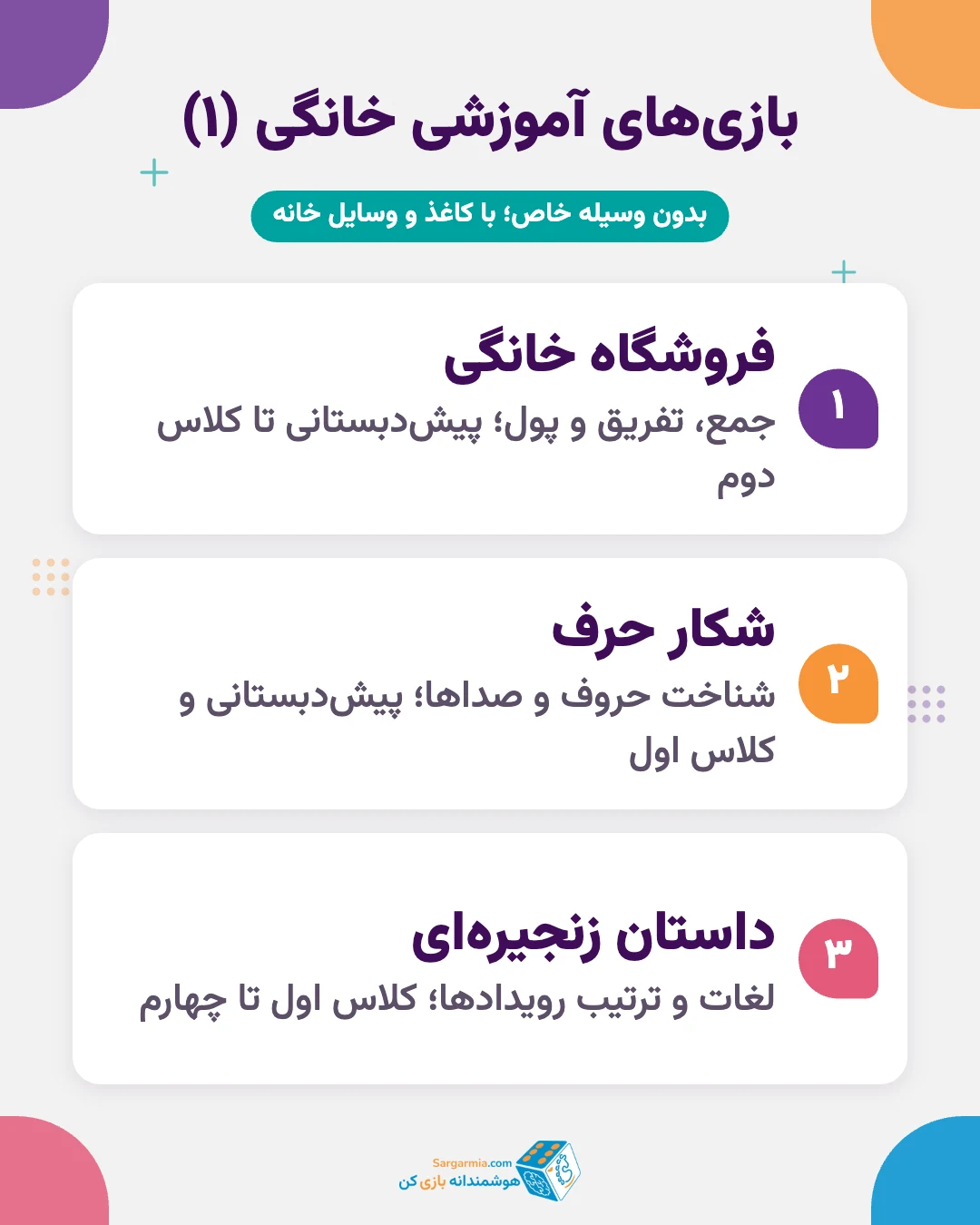 بازی آموزشی خانگی برای کودکان دبستانی؛ فروشگاه، شکار حرف و داستان زنجیره&zwnj;ای