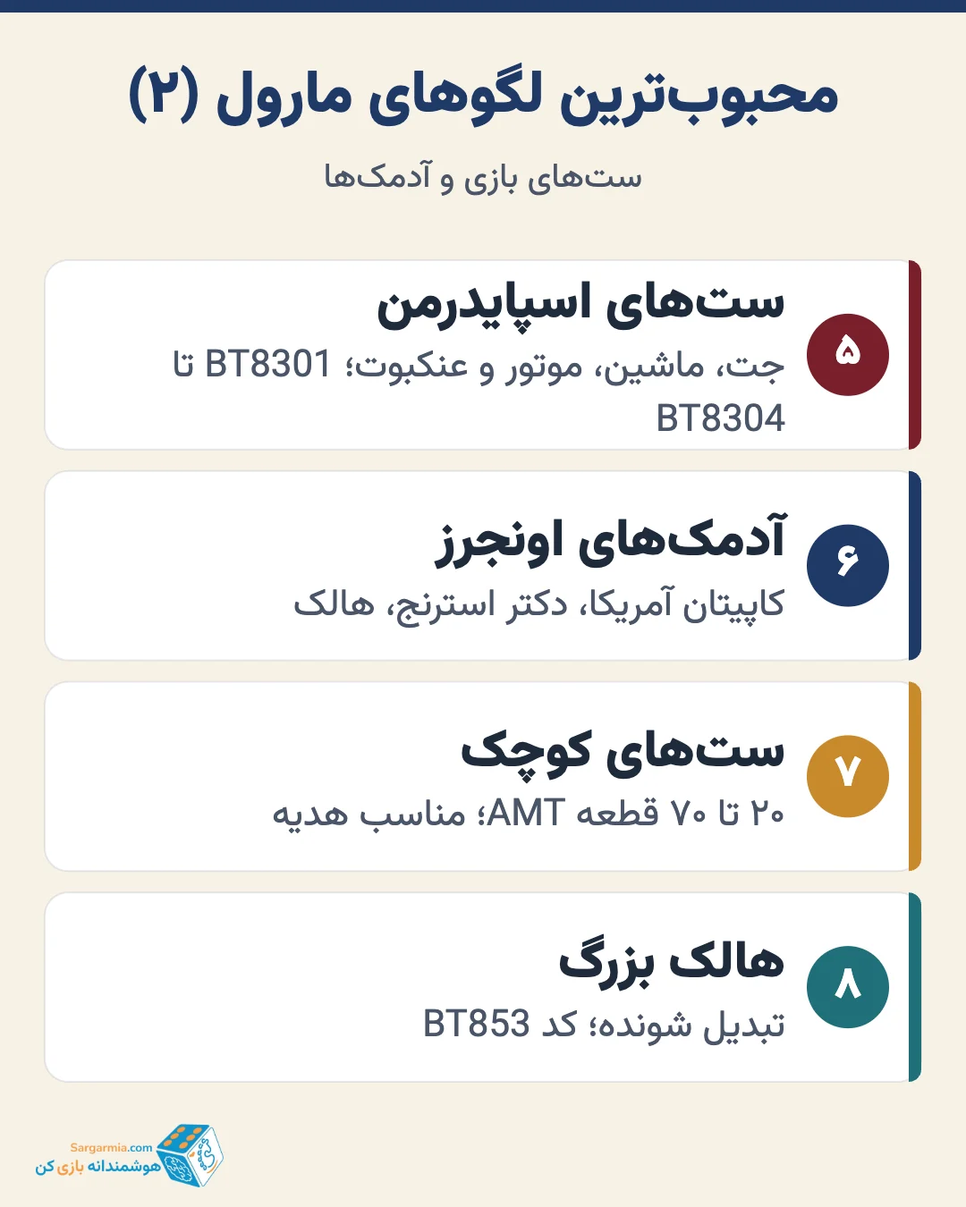 محبوبترین لگوهای مارول؛ دستکش تانوس، دستکش آیرون من، اسپایدرمن و آدمکهای اونجرز (ادامه)