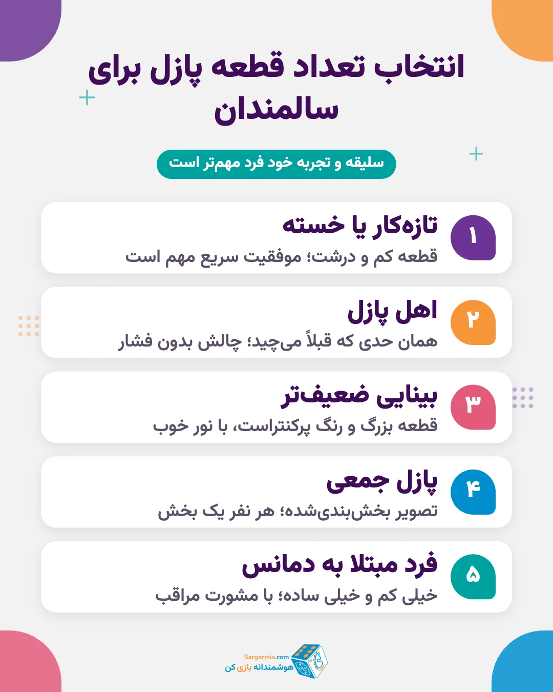انتخاب تعداد قطعه پازل برای سالمندان