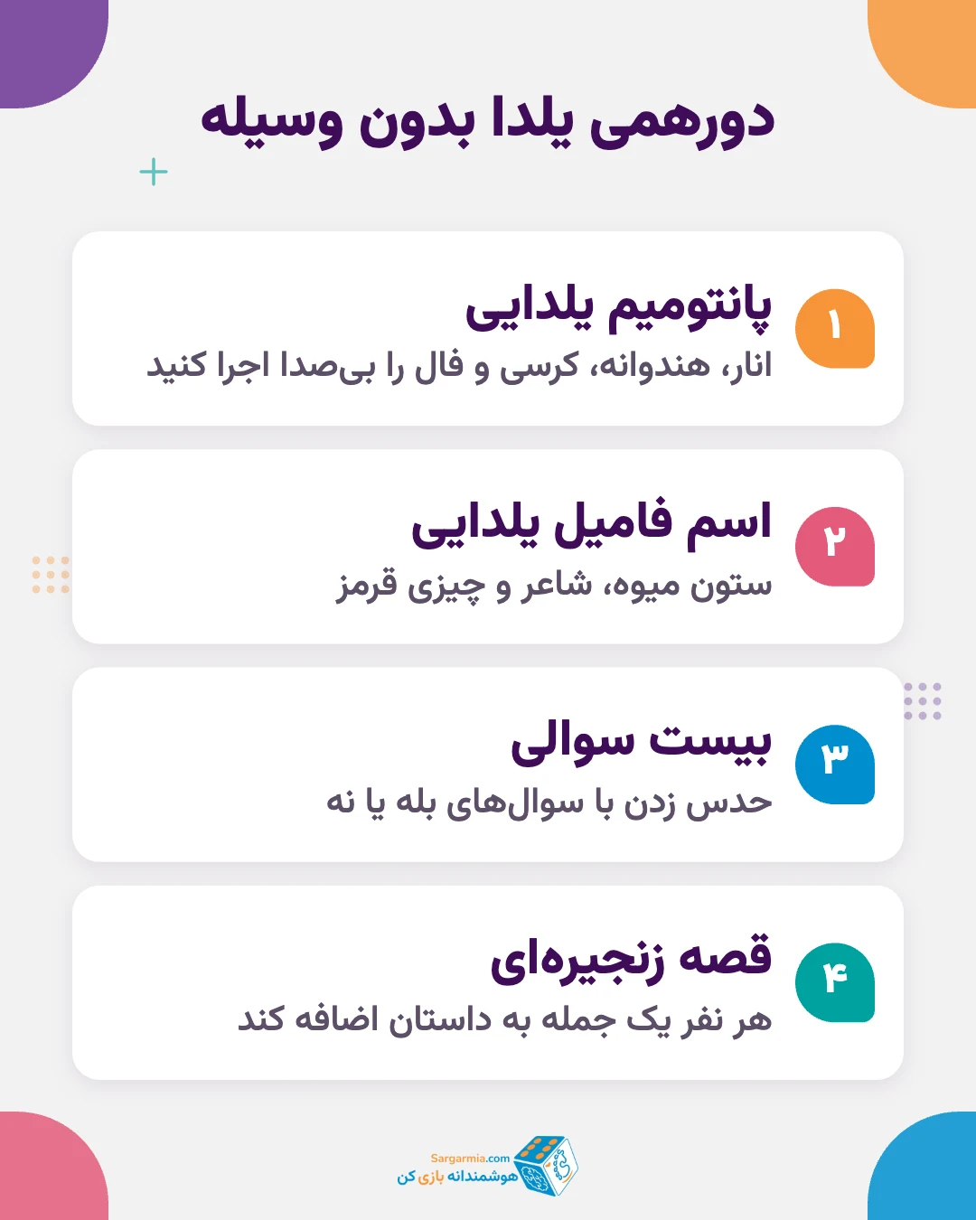 بازی شب یلدا دورهمی بدون وسیله؛ پانتومیم، اسم فامیل یلدایی، بیست سوالی و قصه زنجیره&zwnj;ای